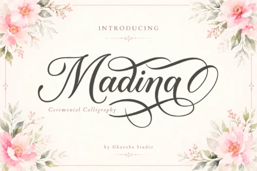 Madina calligraphy script font hero preview for wedding invitations, branding, and refined event stationery.