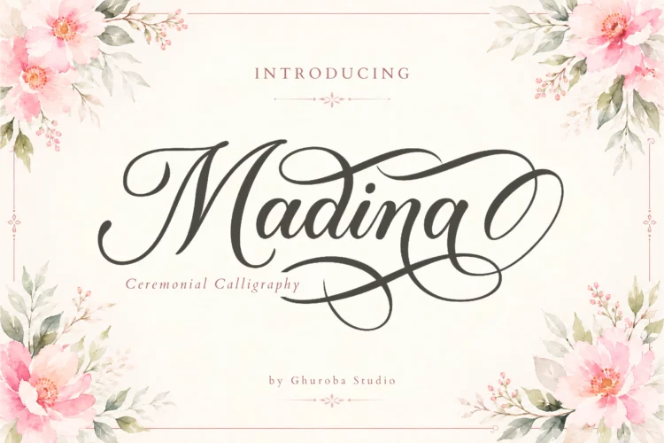 Madina calligraphy script font hero preview for wedding invitations, branding, and refined event stationery.