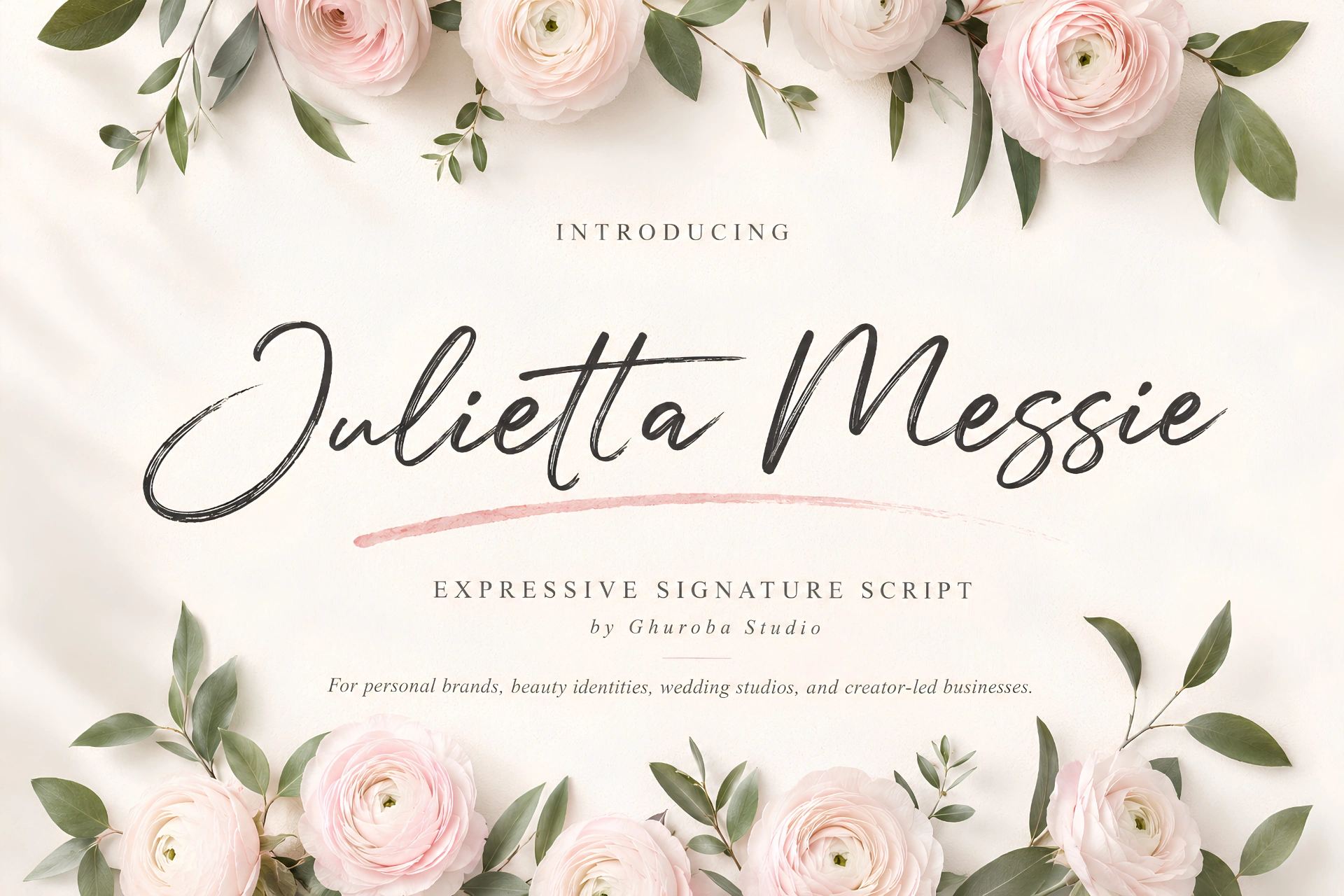 Hero Julietta Messie Julietta Messie is an expressive signature script for personal brands, beauty identities, wedding studios, and creator-led businesses.