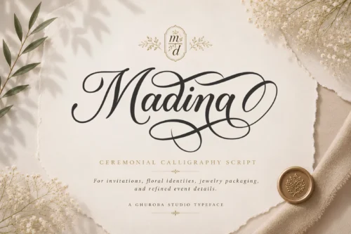 Madina closing preview for a ceremonial calligraphy script font used in refined event branding.