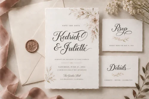 Madina wedding invitation script font preview with refined bridal stationery and ceremonial paper details.
