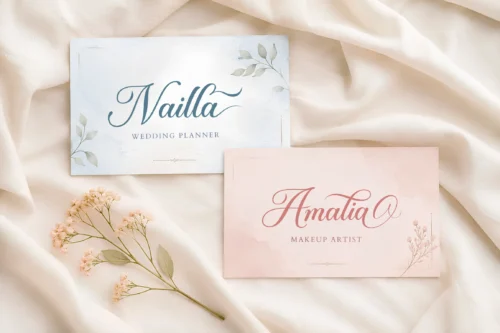 Madina font used in a romantic brand identity and business card preview for wedding planners and beauty brands.