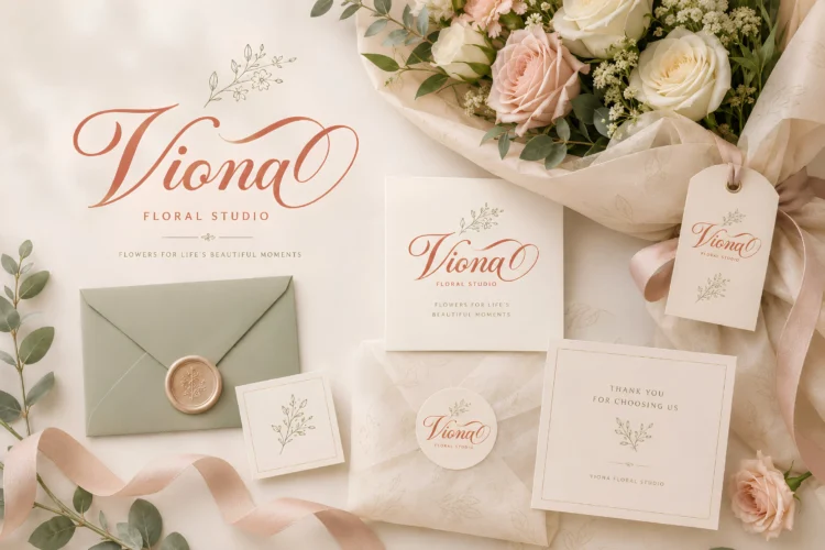 Madina florist logo font preview for Viona, a refined floral brand identity with ceremonial calligraphy.