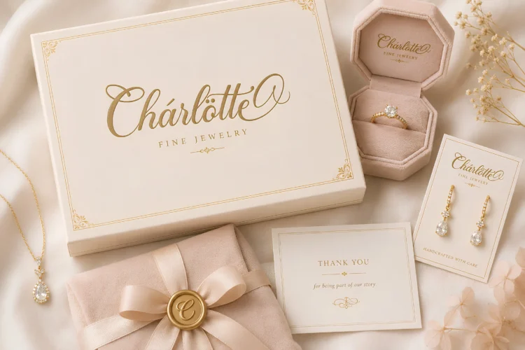 Madina jewelry packaging font preview for Charlotte with refined calligraphy on boutique jewelry branding.