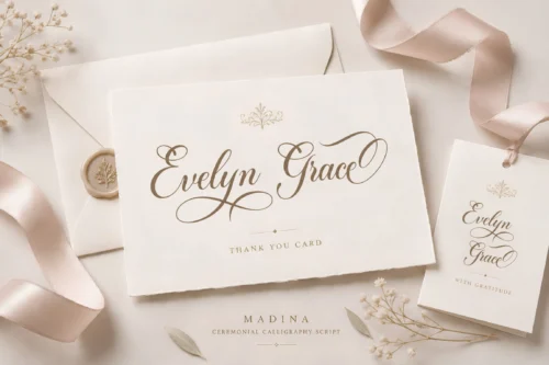 Madina thank you card font preview for Evelyn Grace with boutique gift stationery and refined calligraphy.