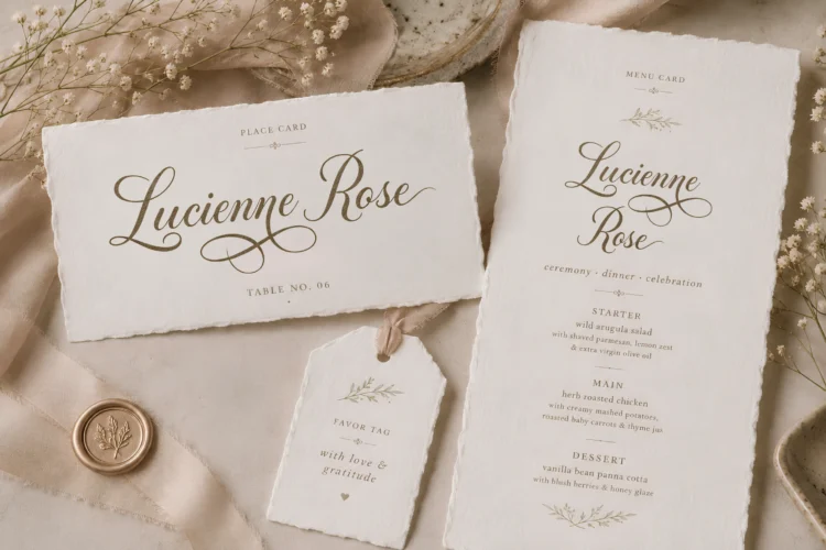 Madina place card and menu font preview for Lucienne Rose with refined wedding dinner stationery.