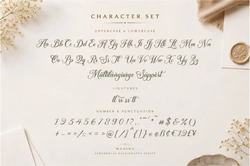 Madina character set preview with uppercase, lowercase, numbers, punctuation, and ligatures.