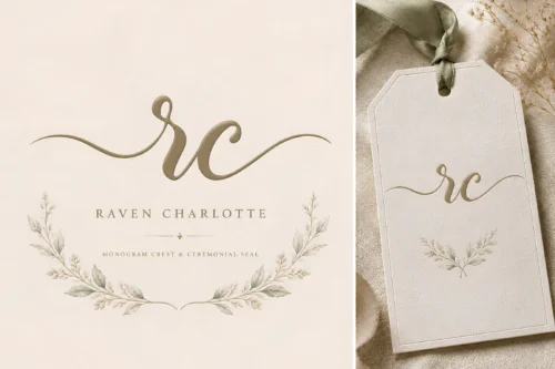 Madina botanical monogram font preview with ceremonial seal, floral emblem, and refined calligraphy mark.