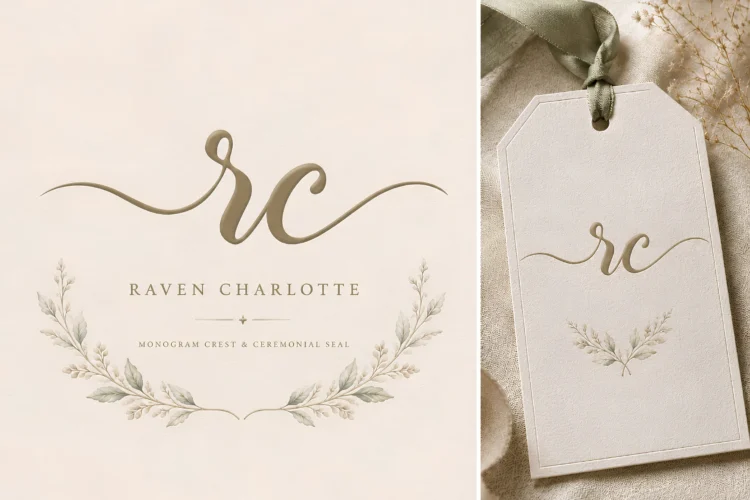 Madina botanical monogram font preview with ceremonial seal, floral emblem, and refined calligraphy mark.